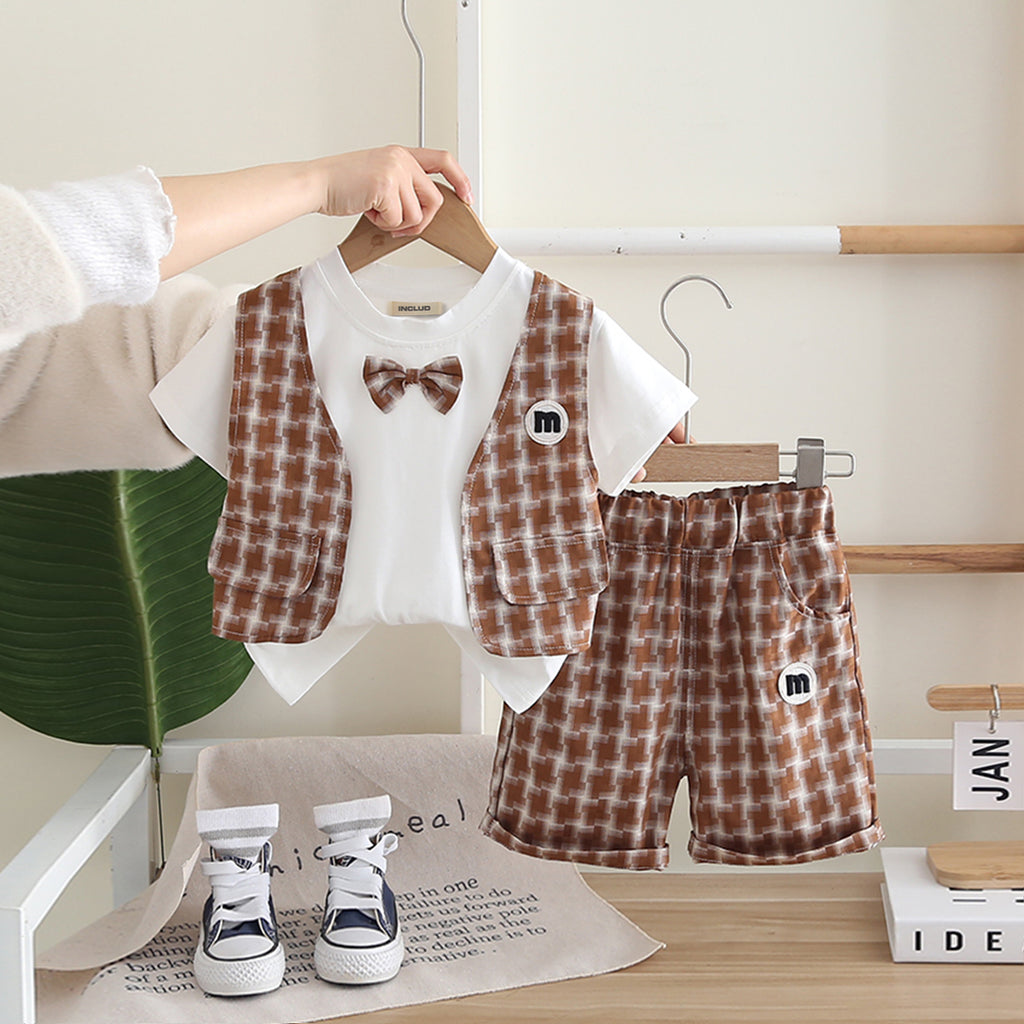 Boys Attached Waistcoat T-Shirt With Brown Abstract Printed Shorts Set 2 pc. Sets Brown 1-2 Y