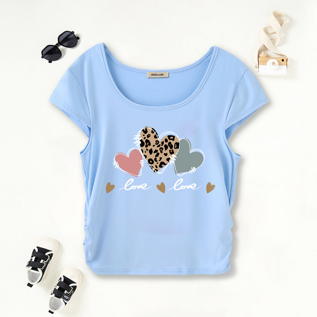 Girls Light Blue Hearts Printed Short Sleeves Scoop Neck T-Shirt Tshirts Light Blue 7-8 Y