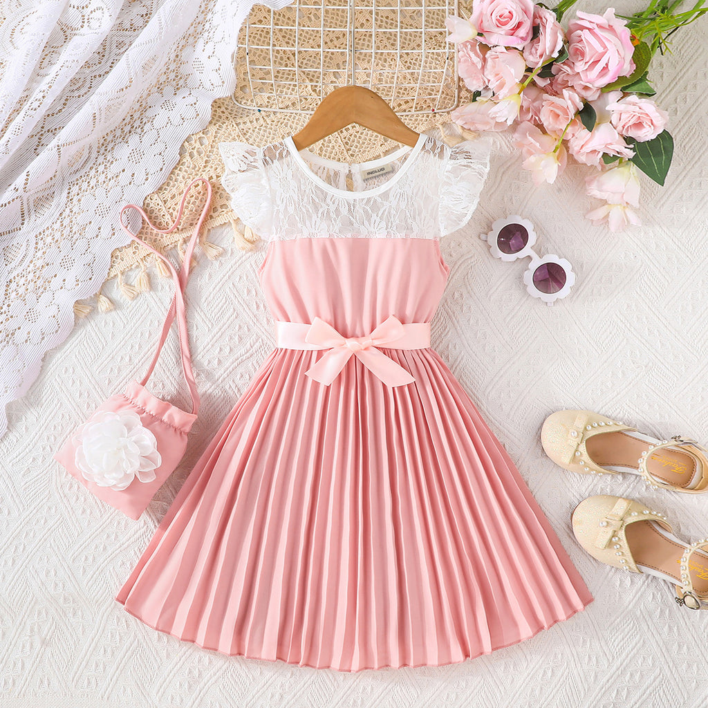 Girls Peach Lace Yoke Pleated Casual Dress With Sling Bag Casual Dresses Peach 3-4 Y