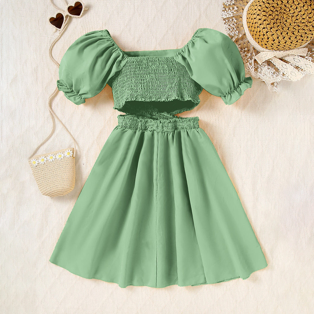 Girls Square Neck Short Sleeve Cross Waist Dress Casual Dresses Green 12-13 Y