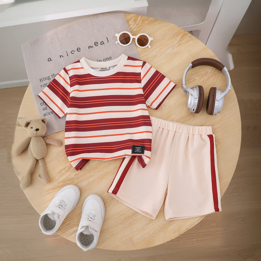 Boys Apricot Stripes Print Short Sleeve T-Shirt With Elasticated Shorts Set 2 pc. Sets Apricot 3-4 Y