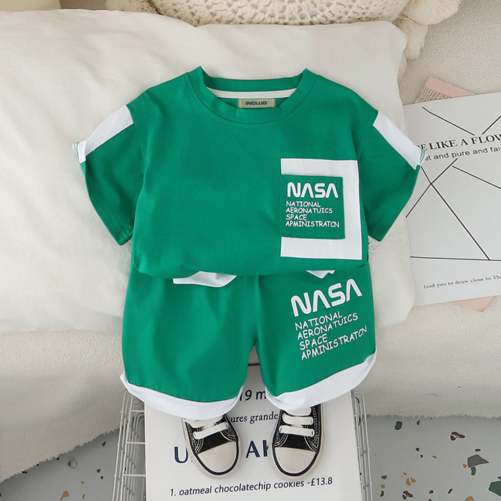Boys Green Typographic Nasa Printed T-Shirt With Shorts Set 2 pc. Sets Green 1-2 Y