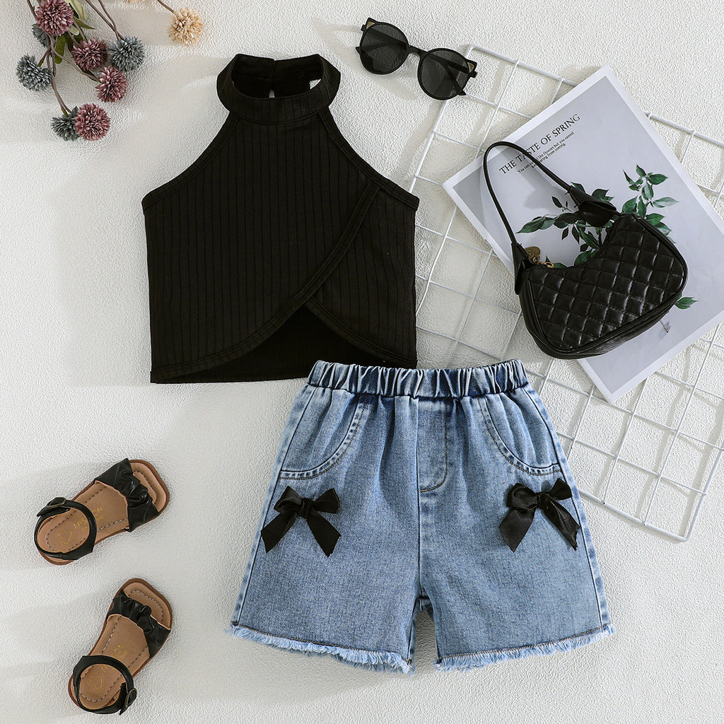 Girls Black Self Designed Stripes Summer Top With Denim Shorts Set 2 pc. Sets Black 2-3 Y