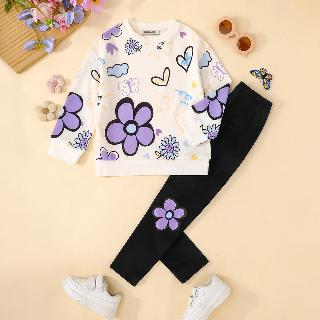 Girls Off White Floral Printed Sweatshirt With Pant sets Sets Off White 3-4 Y