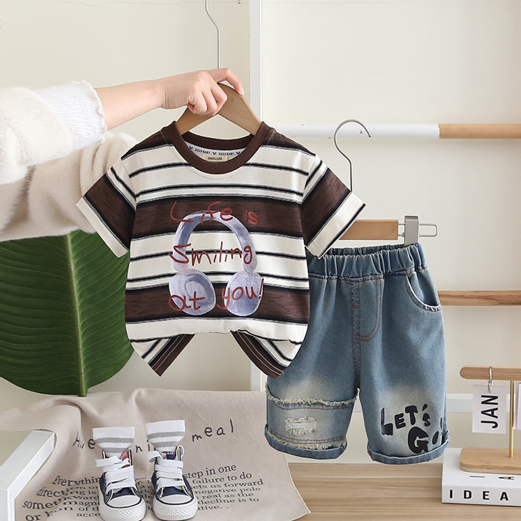 Boys Brown Headphone Graphic Stripes T-Shirt With Denim Shorts Set 2 pc. Sets Brown 1-2 Y