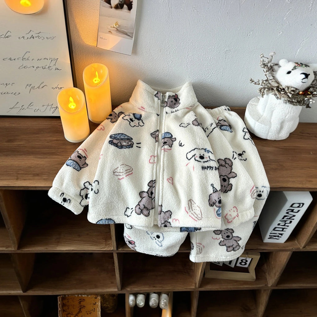 Girls Off White Fleece Bear Printed Zip-up Jacket With Pants Co-ord Sets Sets Off White 1-2 Y