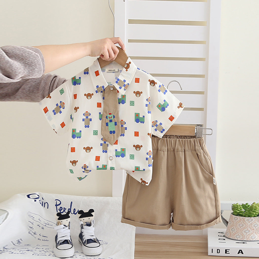 Boys Printed Shirt With Khaki Neck Tie And Shorts Set 3 pc. Sets Khaki 1-2 Y