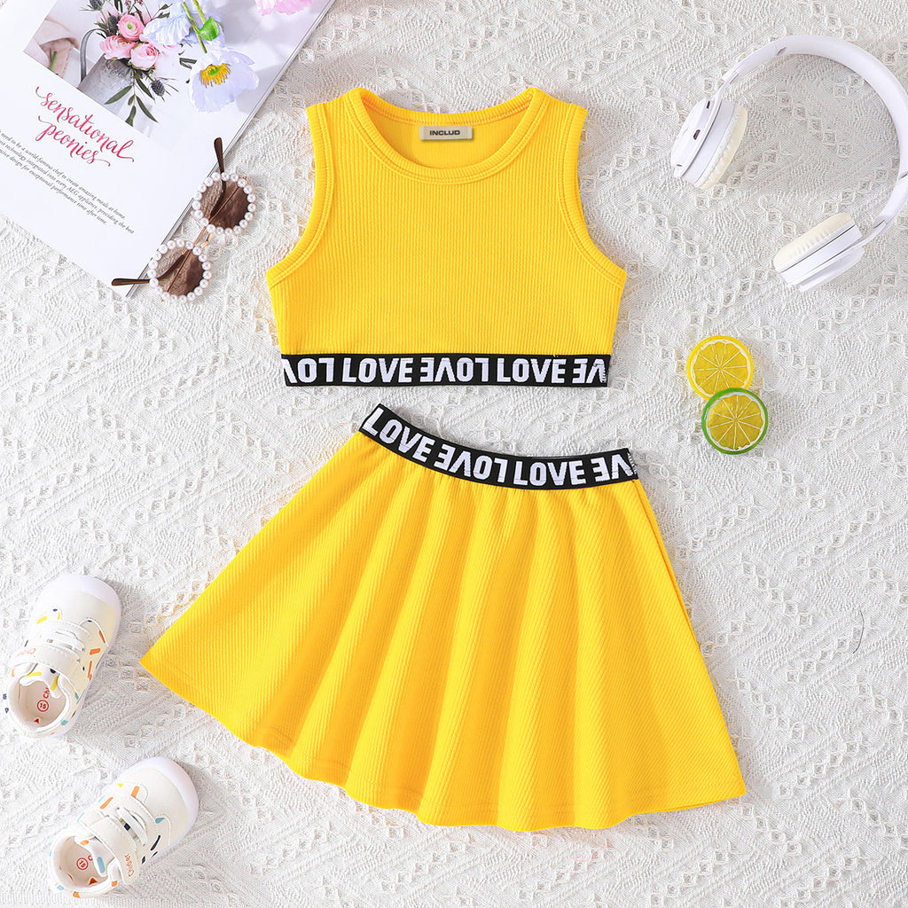 Girls Yellow Crop Top & Skirt With Love Printed Elasticated Waist Summer Co-ord Set 2 pc. Sets Yellow 2-3 Y
