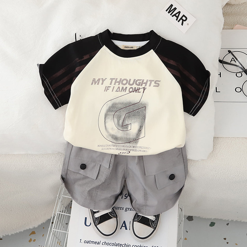 Boys Black Contrast Raglan Sleeve Typographic Print T-Shirt With Shorts Set 2 pc. Sets Black 1-2 Y