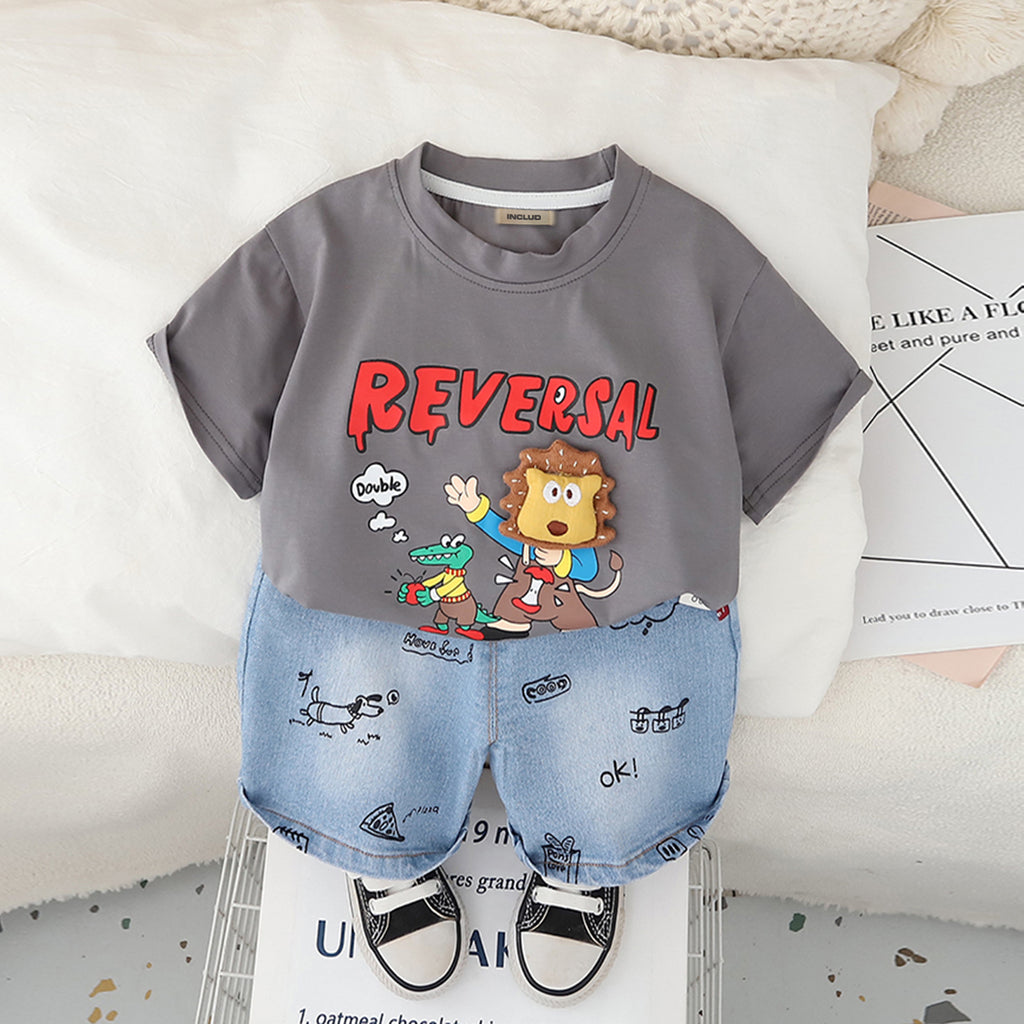 Boys Dark Grey Graphic Short Sleeves T-Shirt With Printed Denim Shorts Set 2 pc. Sets Dark Grey 1-2 Y