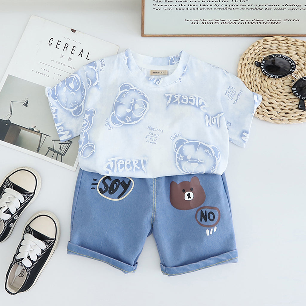 Boys Blue Typographic Printed Short Sleeves T-Shirt With Denim Shorts Set 2 pc. Sets Blue 1-2 Y