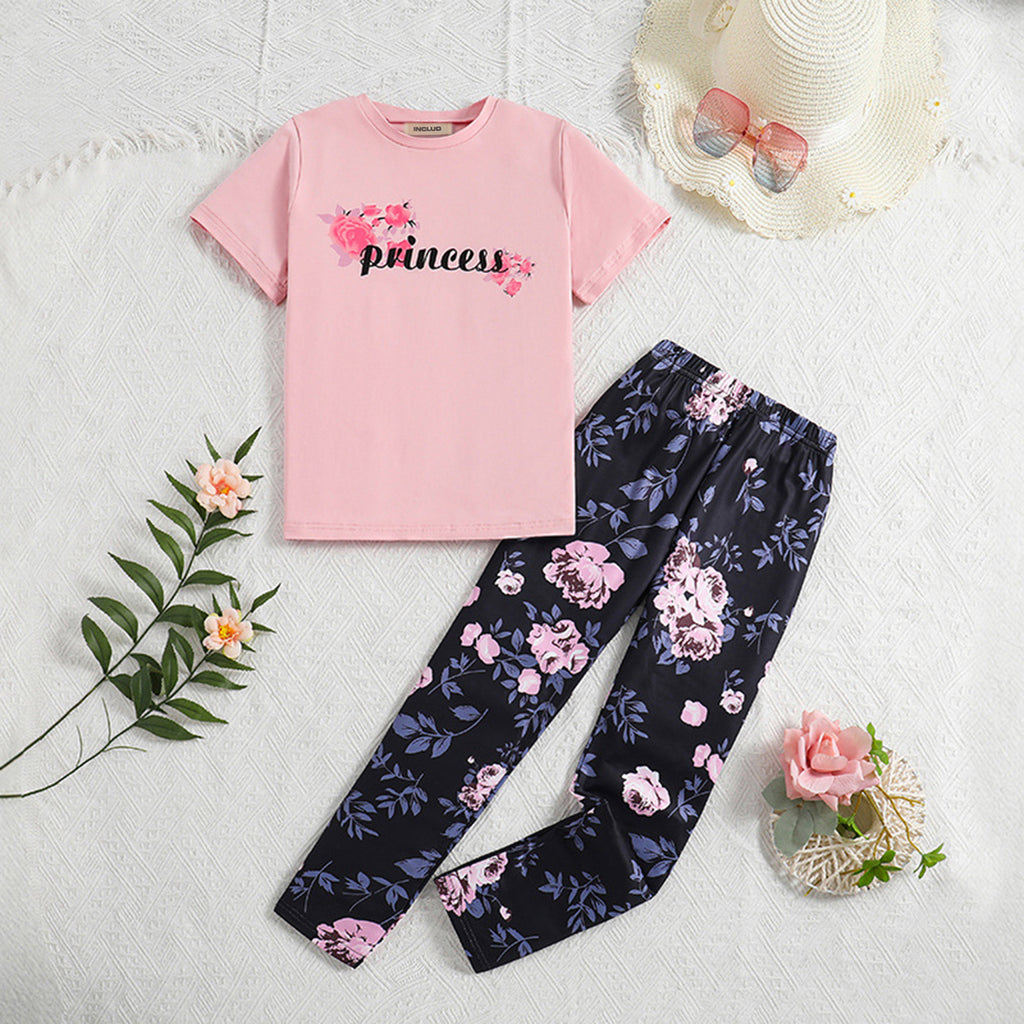 Girls Princess Print Top With Floral Print Pants Legging Set 2 pc. Sets Pink 7-8 Y 