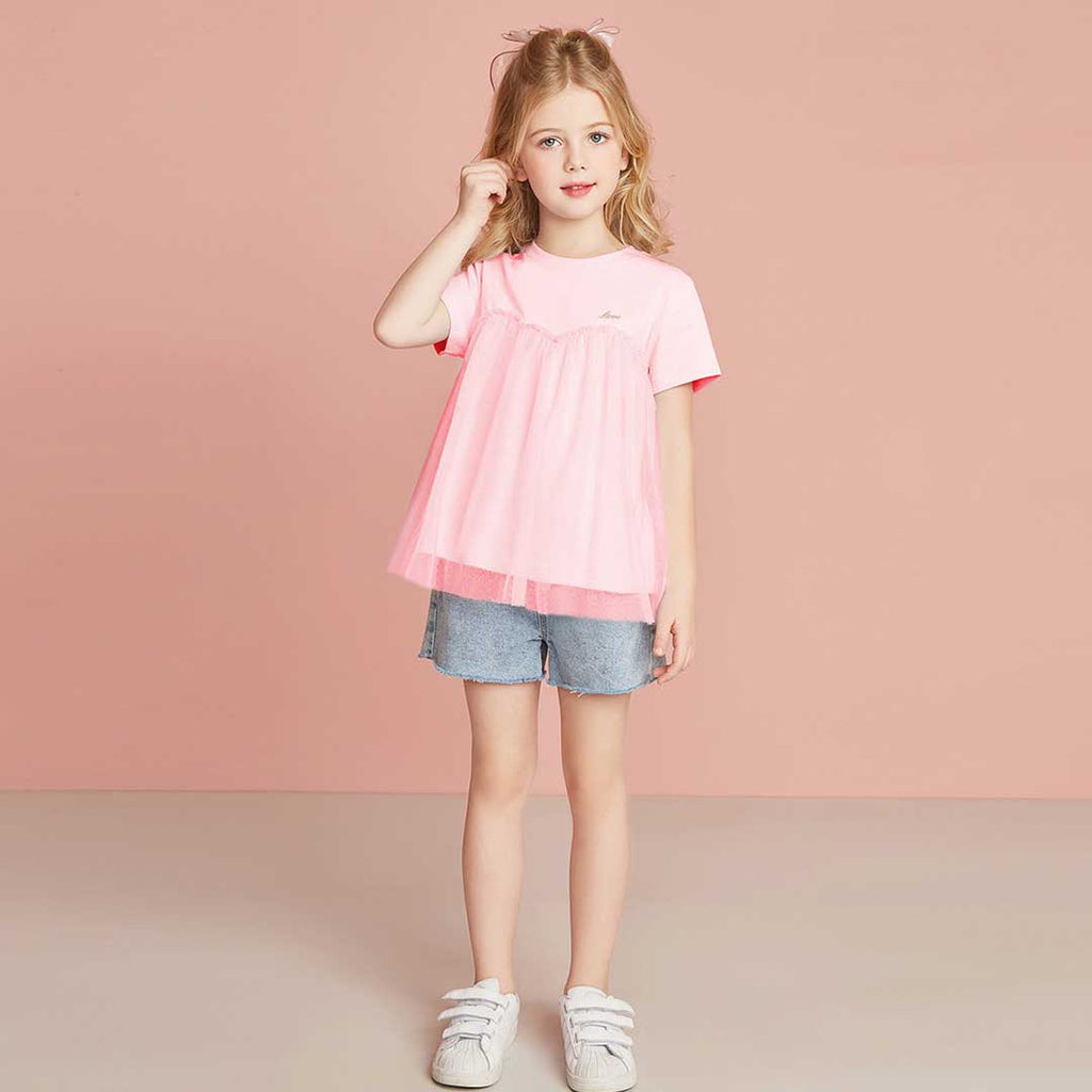 Girls Short Sleeve Mesh Detailed T-Shirt Tshirts Pink 1-2 Y 