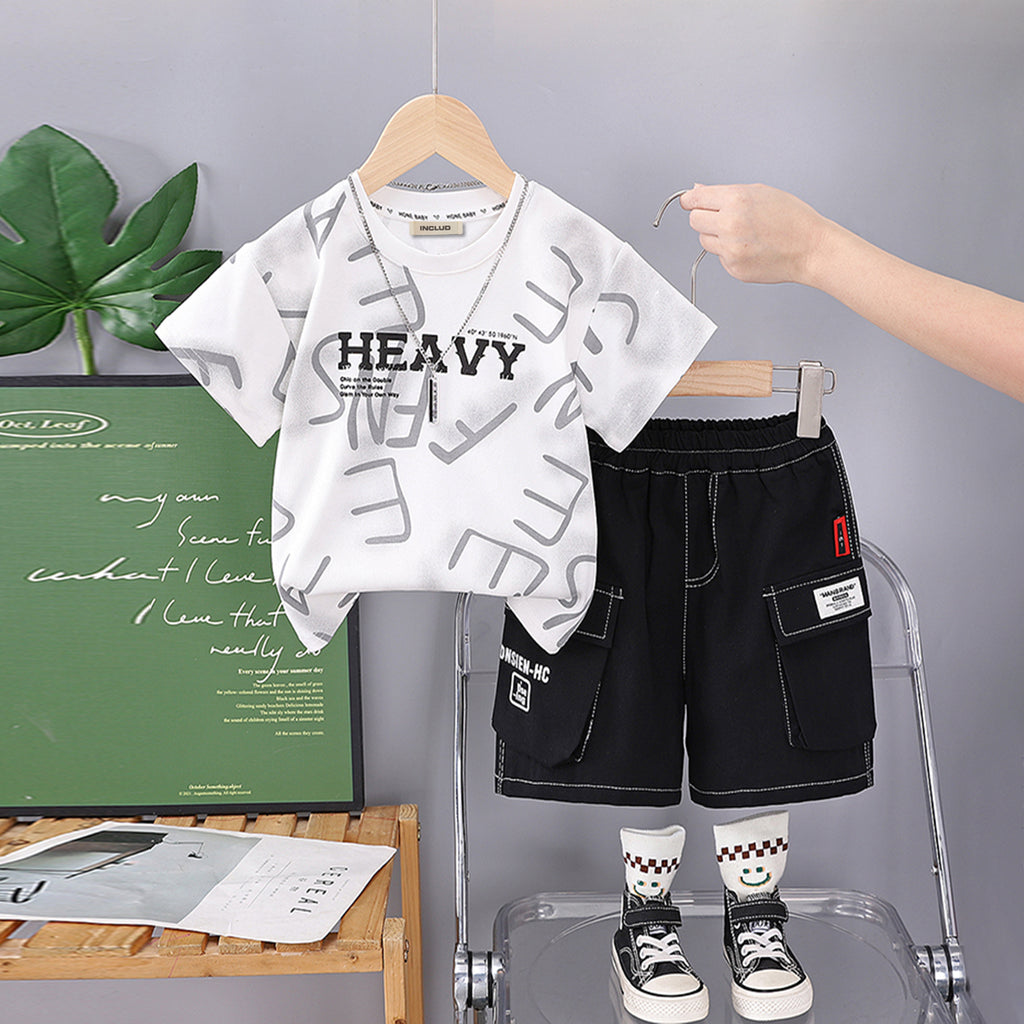 Boys Alphabetic Printed T-Shirt With Black Cargo Shorts Set 2 pc. Sets Black 1-2 Y