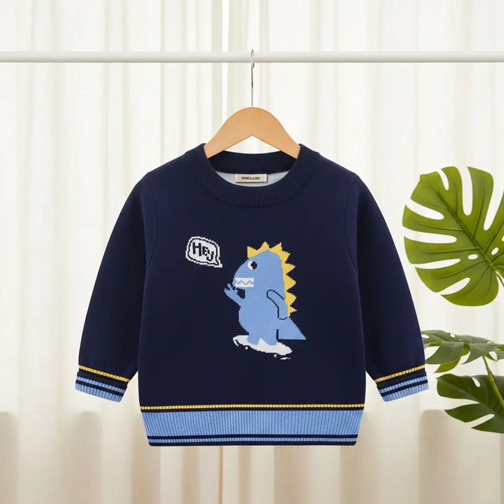 Boys Navy Blue Self-Design Dinosaur Pattern Knitted Sweater Sweaters & Cardigans Navy Blue 1-2 Y