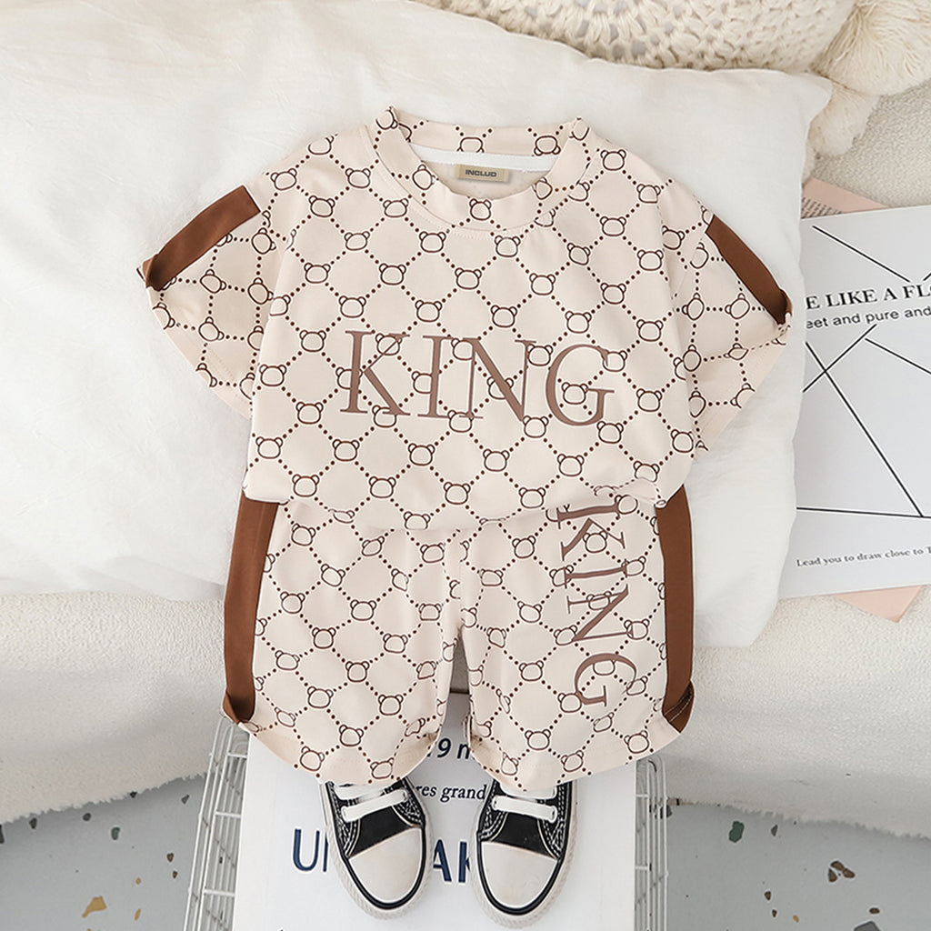 Boys Beige Abstract Printed Short Sleeves T-Shirt With Shorts Set 2 pc. Sets Beige 1-2 Y