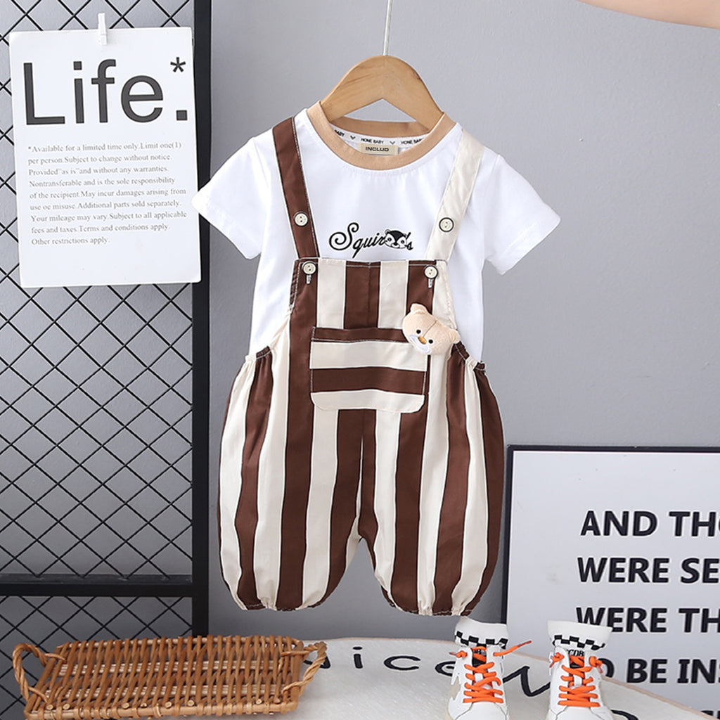 Boys Short Sleeves T-Shirt With Brown Vertical Striped Dungaree Set 2 pc. Sets Brown 1-2 Y
