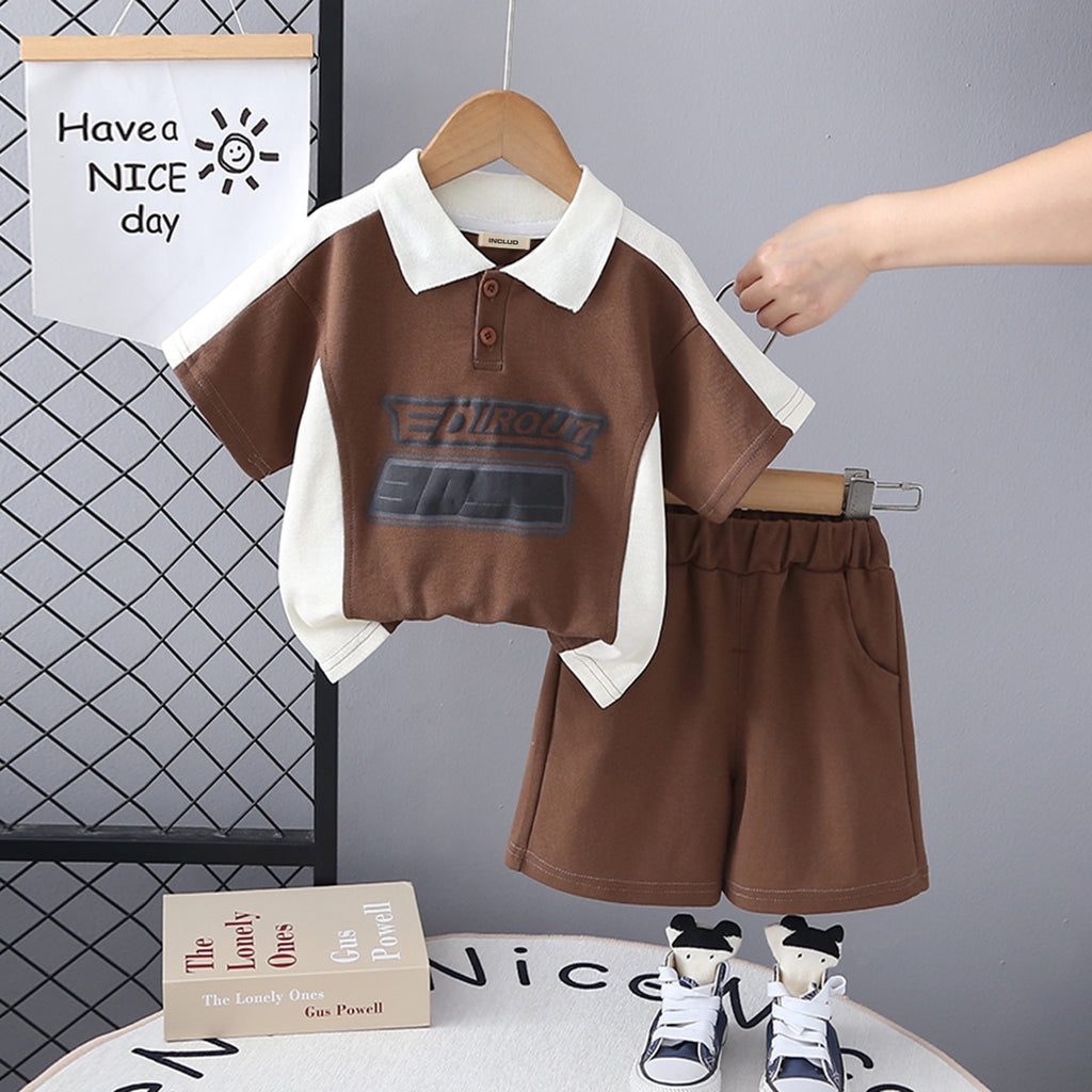 Boys Brown Typographic Print Short Sleeve Polo T-Shirt With Shorts Set 2 pc. Sets Brown 1-2 Y