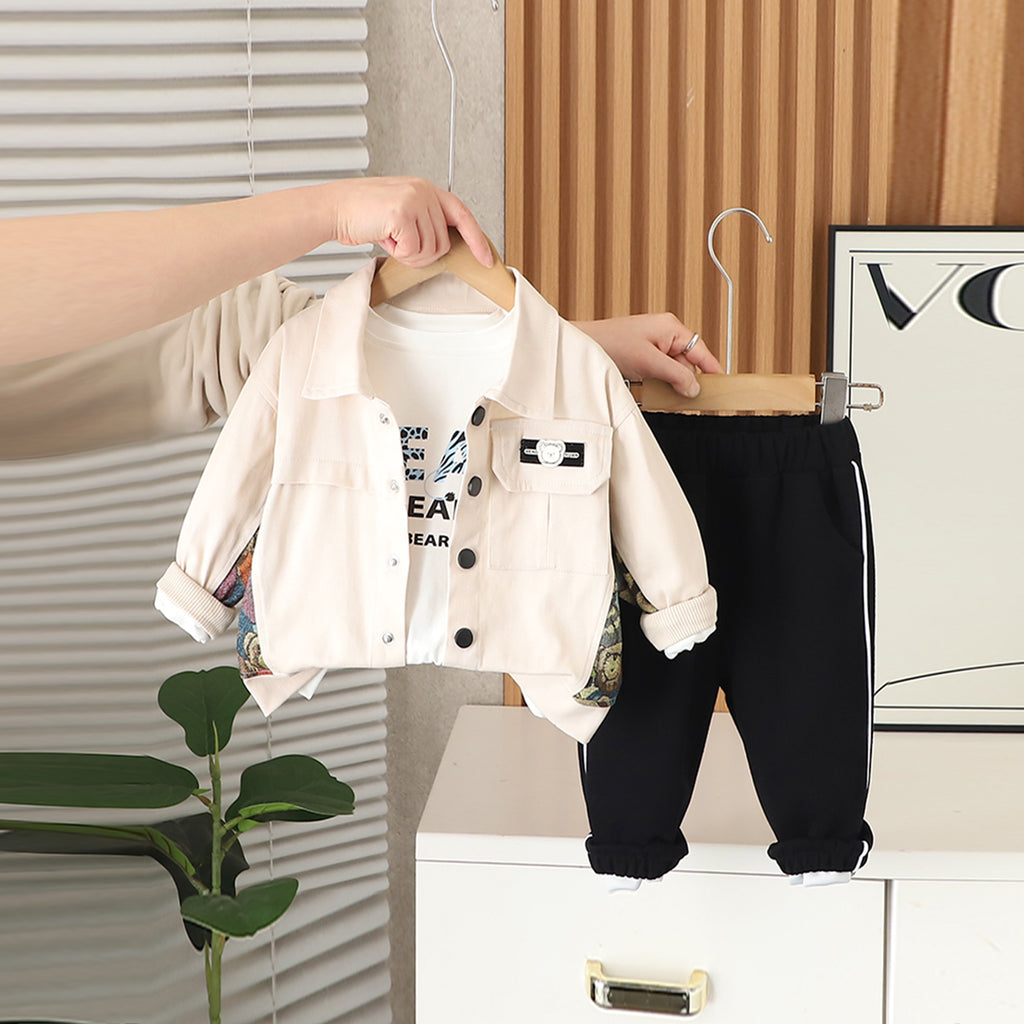 Boys Apricot Solid Shacket With T-Shirt & Joggers Set Sets Apricot 1-2 Y