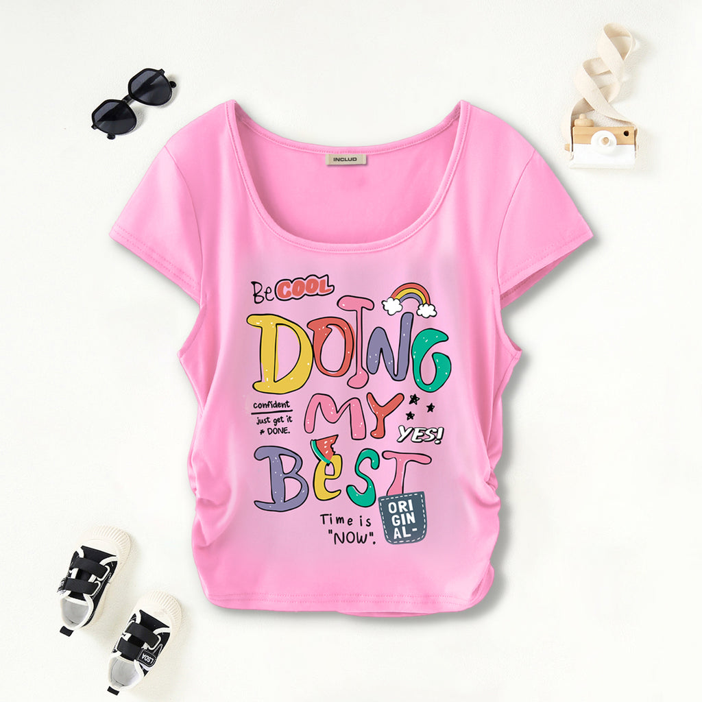 Girls Light Pink Typographic Print Short Sleeves Scoop Neck T-Shirt Tshirts Light Pink 7-8 Y