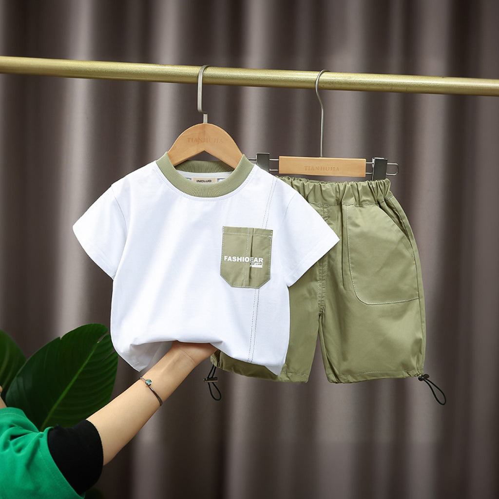 Boys Short Sleeve Contrast Pocket T-Shirt With Green Shorts Set 2 pc. Sets Green 1-2 Y