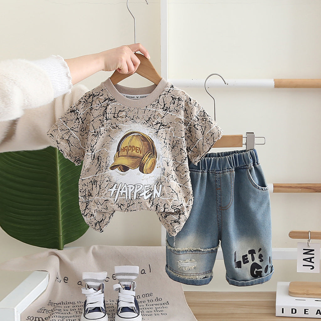 Boys Khaki Cap Graphic Short Sleeves T-Shirt With Denim Shorts Set 2 pc. Sets