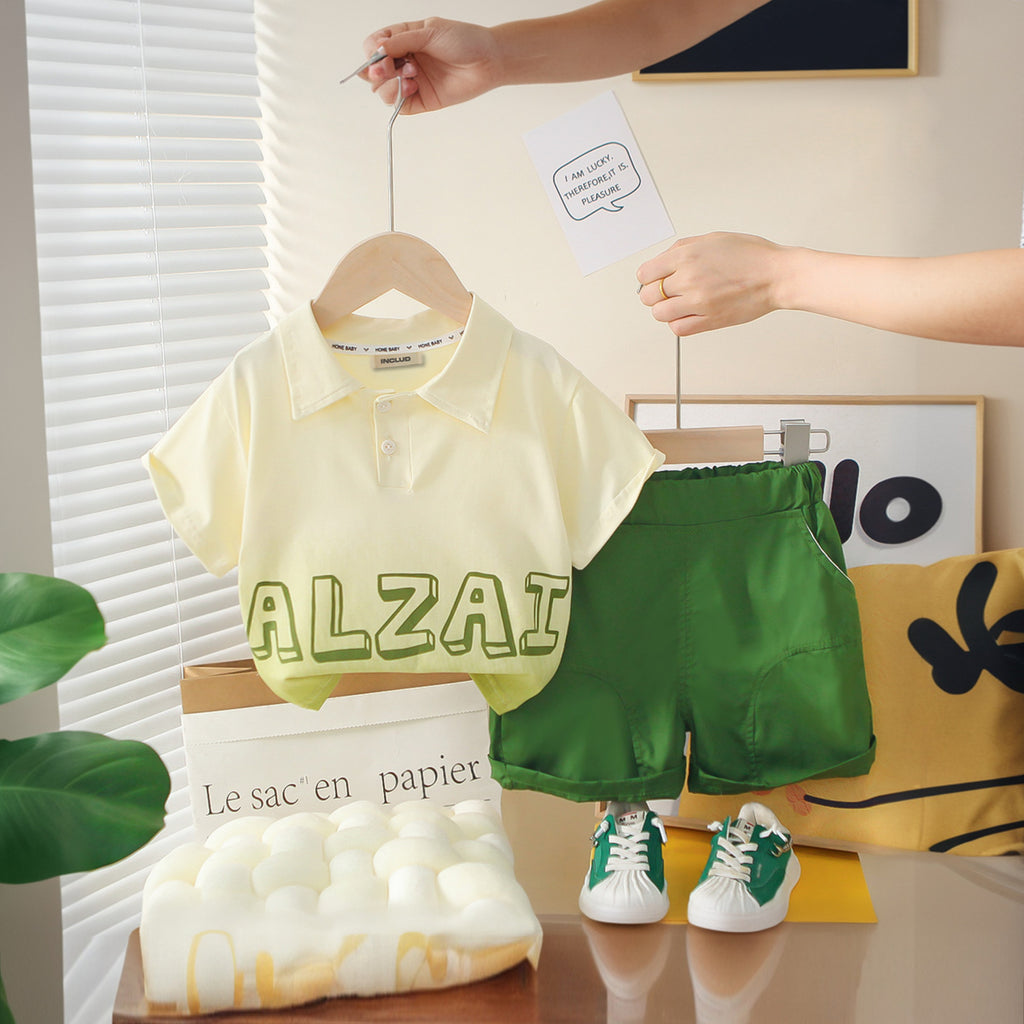 Boys Green Typographic Printed Polo T-Shirt With Shorts Set 2 pc. Sets Green 1-2 Y