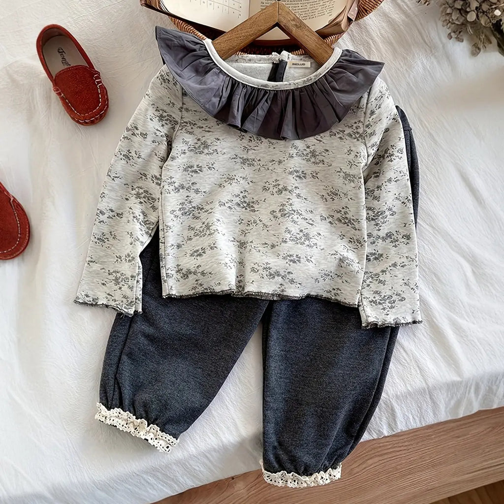 Girls Grey Floral Printed Top With Jogger Sets Sets Grey 1-2 Y