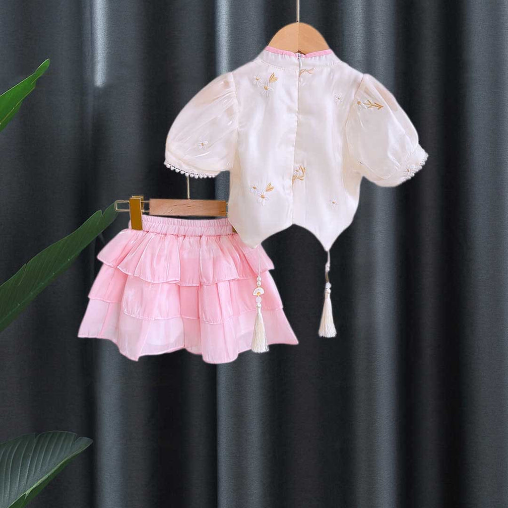 Girls Short Sleeve Floral Embroidery Top With Skirt Sets Pink 1-2 Y 