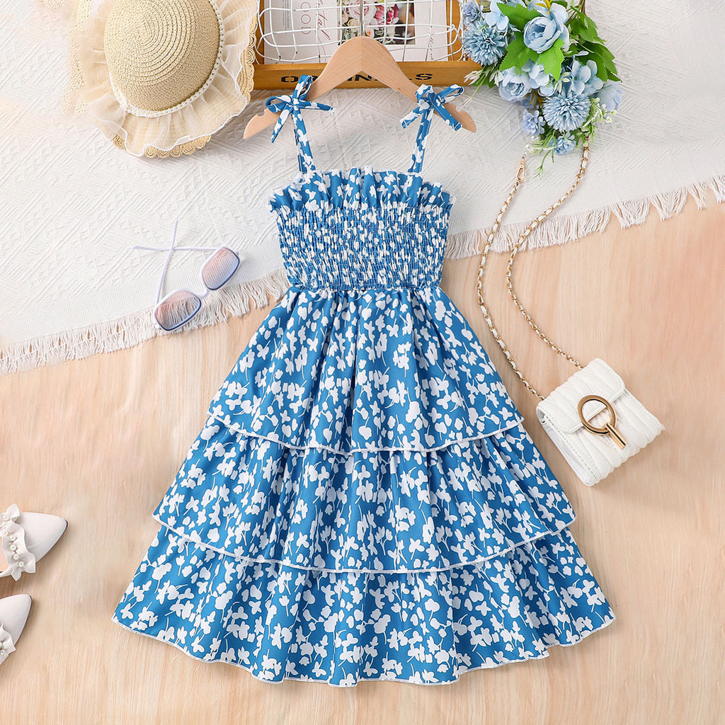 Girls Blue Floral Printed Fit & Flare Smocked Casual Dress Casual Dresses Blue 3-4 Y