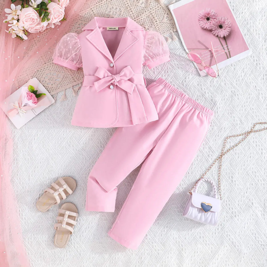 Girls Pink Solid Blazer Top With Pants Co-ord Sets Sets Pink 2-3 Y