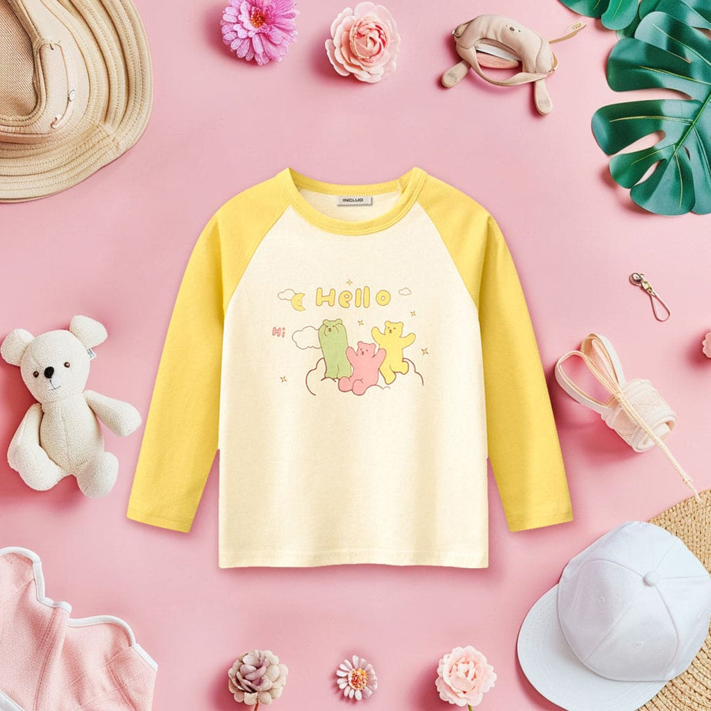 Girls Printed Raglan Sleeves T-shirt Tshirts Yellow 1-2 Y 