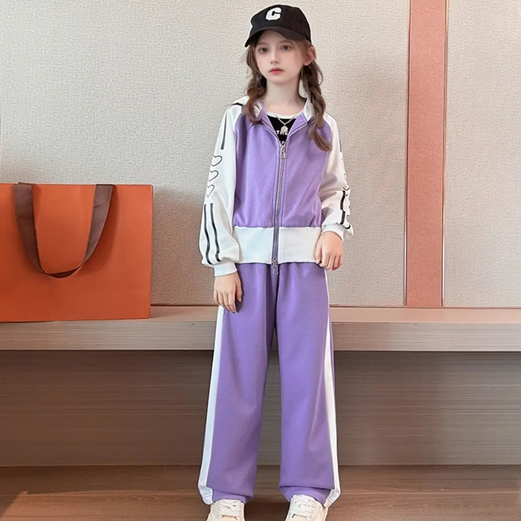 Girls Purple Heart Printed Hooded Zipper Jacket With Pants set Sets Purple 5-6 Y