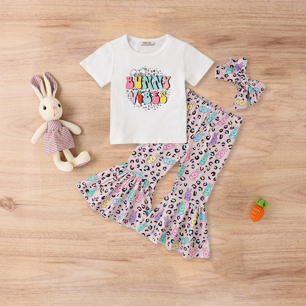 Girls Bunny Print T-Shirt With Pants & Headband 3 pc. Sets Pink 1-2 Y 