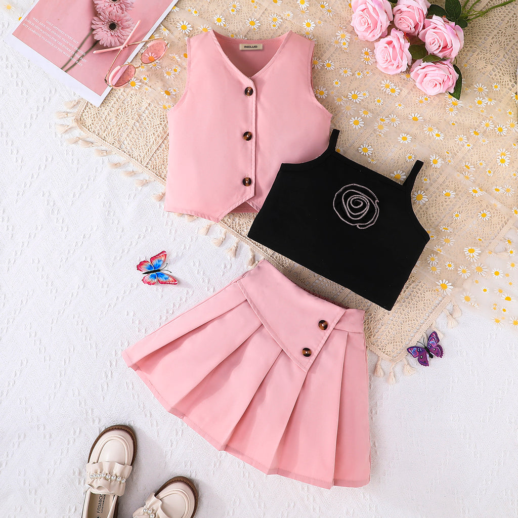 Girls Pink Waistcoat With Pleated Skirt And Camisole Top Set Sets Pink 2-3 Y