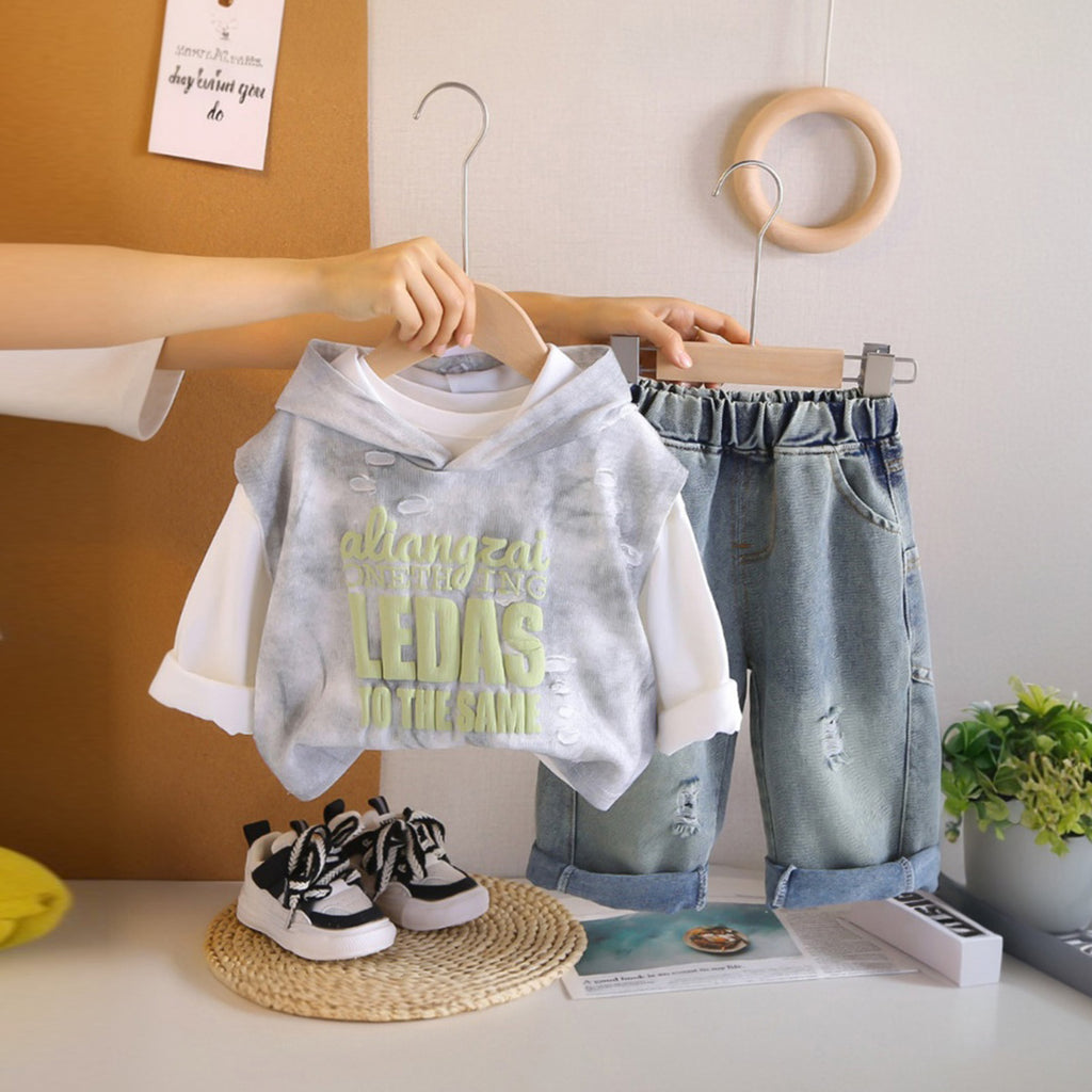 Boys Grey Typographic Hooded Sweatshirt With T-Shirt And Denim Trousers Sets 3 pc. Sets Grey 1-2 Y