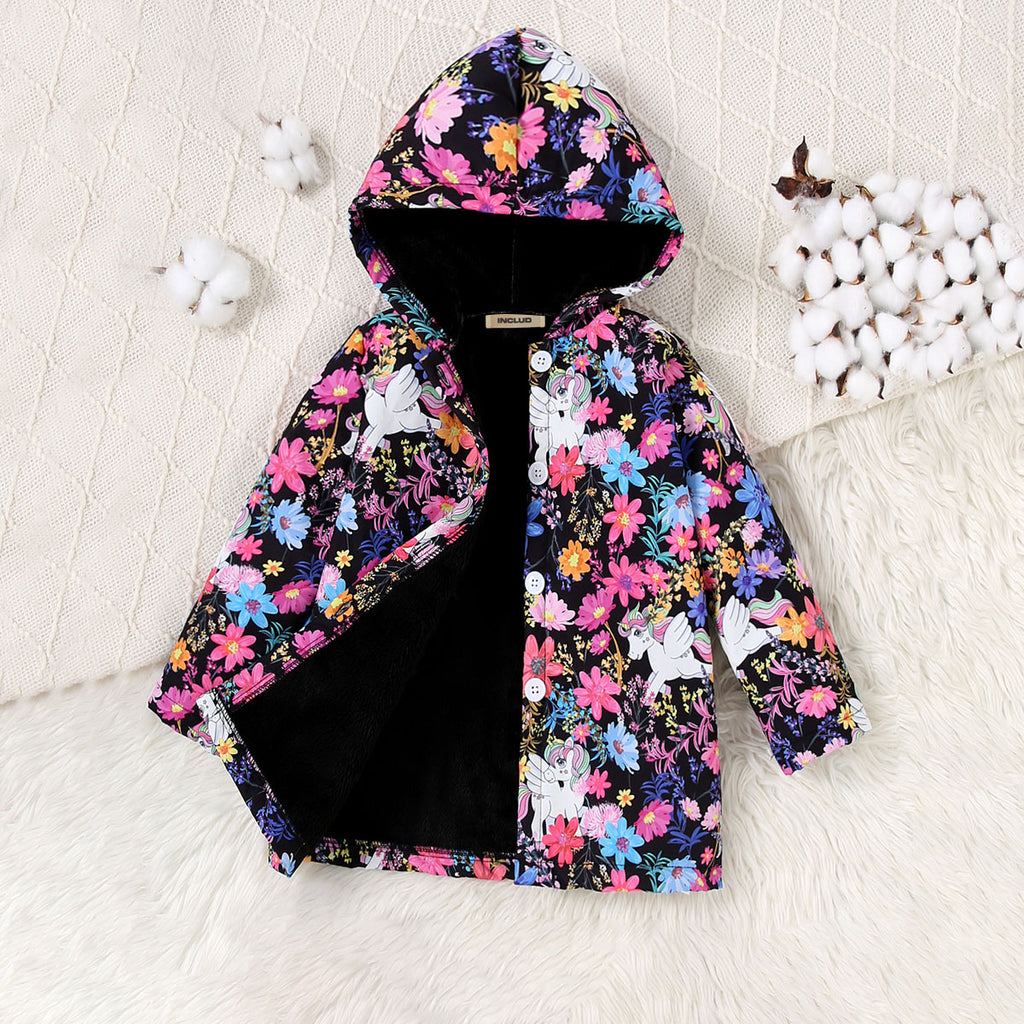 Girls Multicolor Floral Printed Hooded Front Open Winter Jacket Coats & Jackets Multicolor 3-4 Y