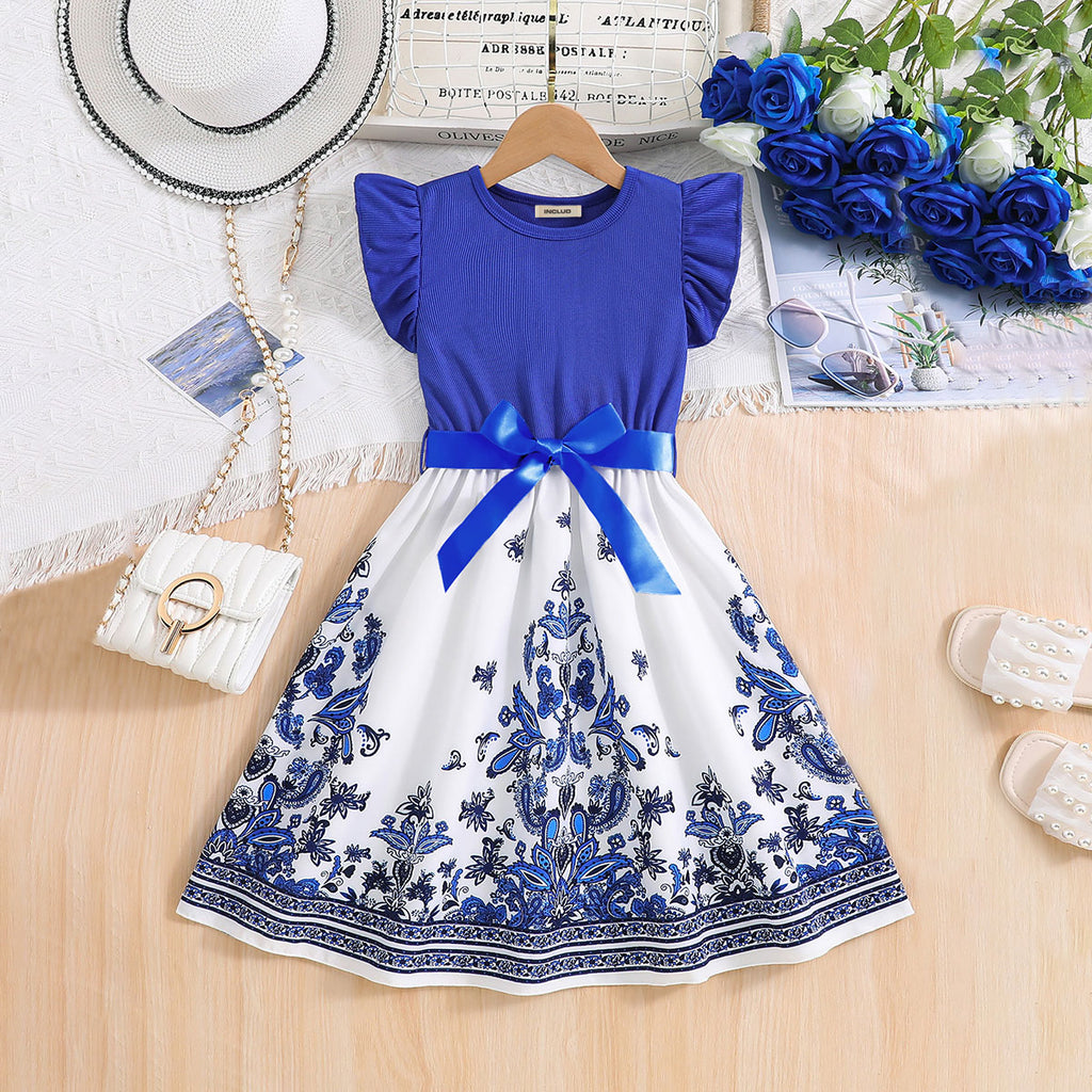 Girls Blue Floral Printed Flutter Sleeves Fit And Flared Midi Casual Dress Casual Dresses Blue 3-4 Y