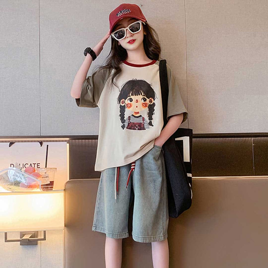 Girls Graphic Pirnt Raglan Sleeves T-Shirt With Shorts Set Sets Green 6-7 Y 
