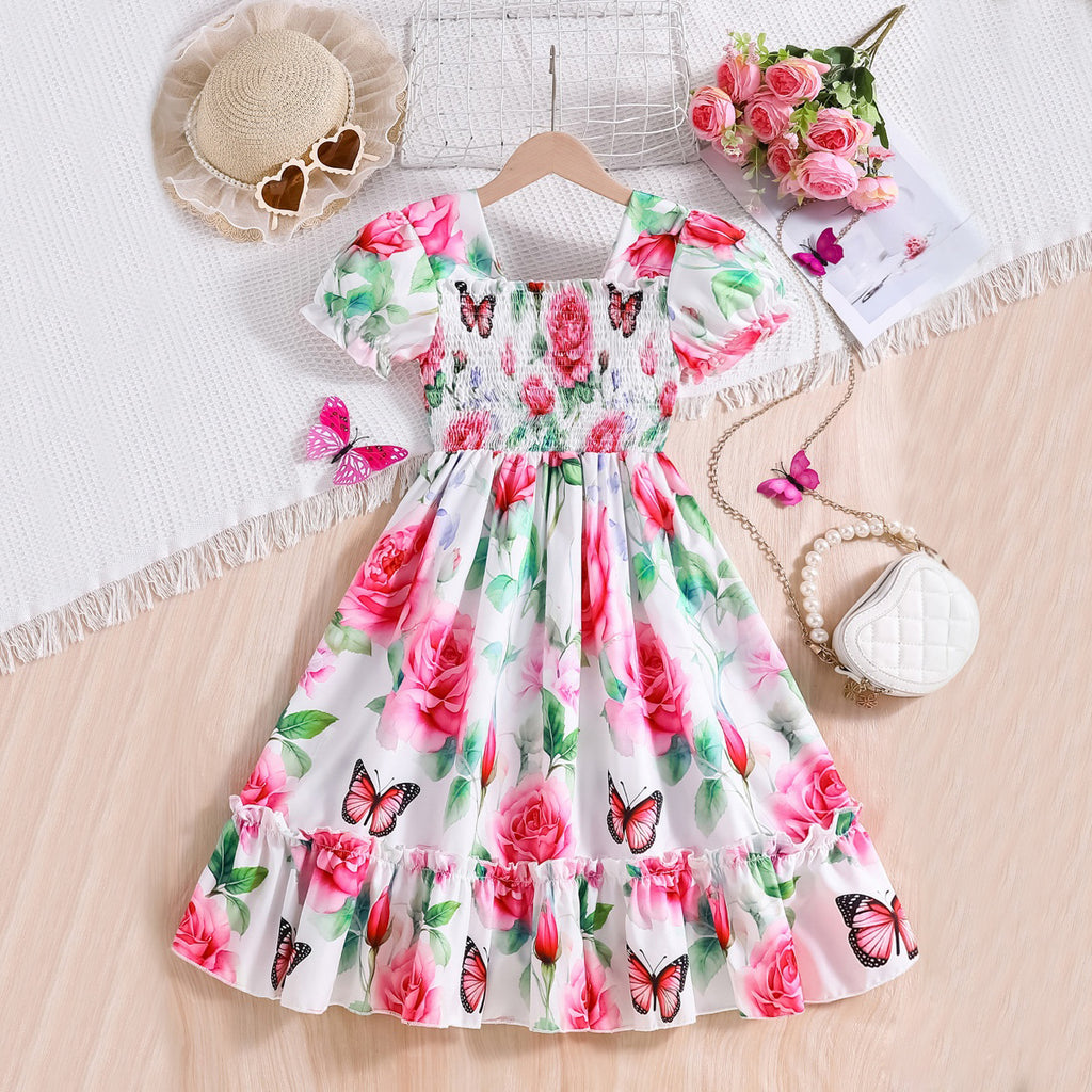 Girls Pink Rose Printed Puff Sleeves Square Neck Fit & Flare Dress Casual Dresses Pink 3-4 Y