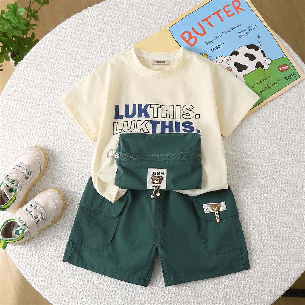 Boys Printed T-shirt with Attached Dark Green Zipper Pouch & Shorts Set Sets Green 1-2 Y