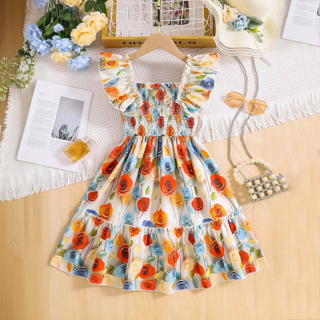 Girls Off White rose Printed Sleeveless Smocked Fit And Flared Casual Dress Casual Dresses Off White 3-4 Y