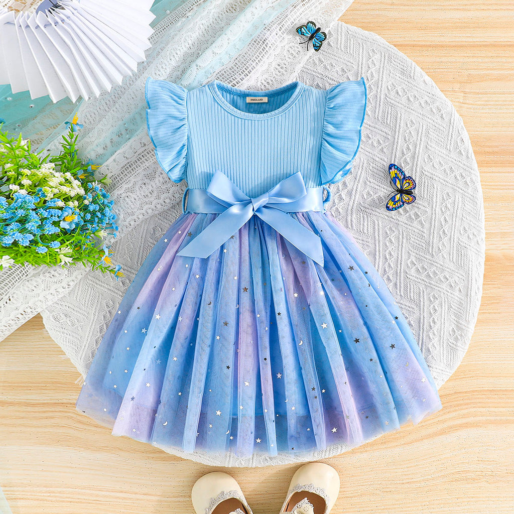 Girls Light Blue Star Printed Flutter Sleeves Dress Casual Dresses Light Blue 1-2 Y