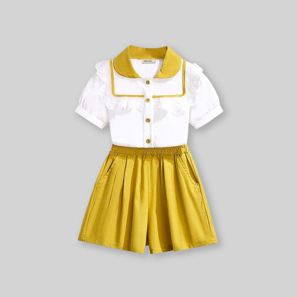 Girls Short Sleeve Peter Pan Collar Lace Top With Shorts Sets Yellow 4-5 Y 