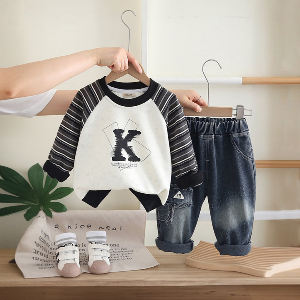 Boys Black Raglan Sleeve Typographic Sweatshirt With Denim Trousers Sets 2 pc. Sets Black 1-2 Y