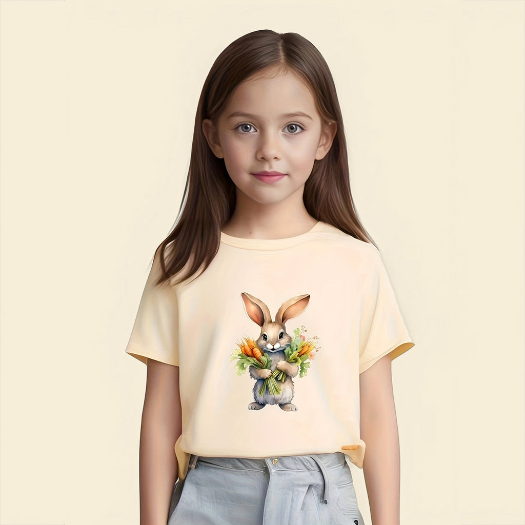Girls Apricot Short Sleeves Bunny Printed T-shirt Tshirts Apricot 5-6 Y