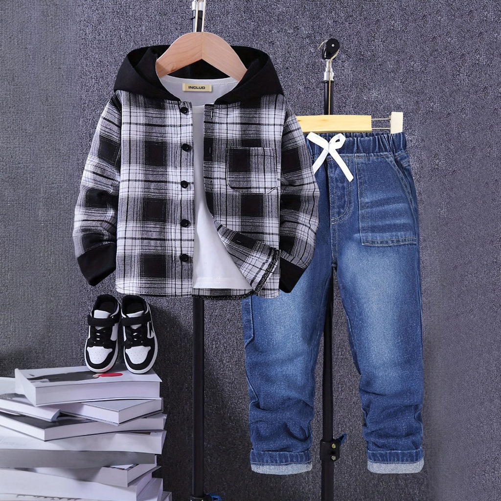 Boys Black Checked Hooded Shirt With Denim Pants Sets 2 pc. Sets Black 3-4 Y