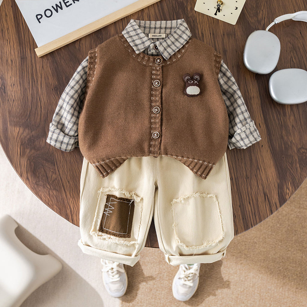 Boys Brown Sleeveless Cardigan With Checked Shirt & Pants Set Sets Brown 1-2 Y
