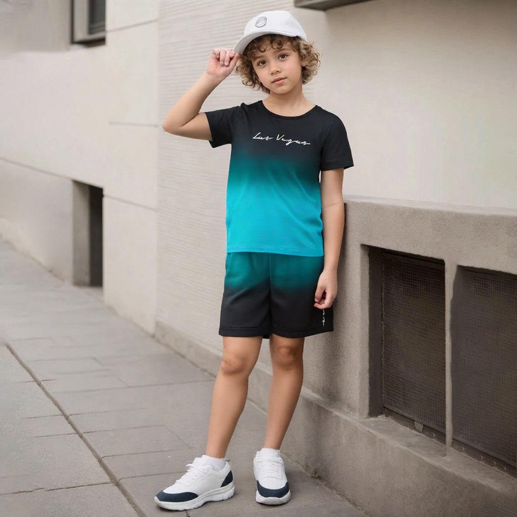 Boys Teal Dip Dye T-Shirt With Elasticated Shorts Set 2 pc. Sets Teal 3-4 Y