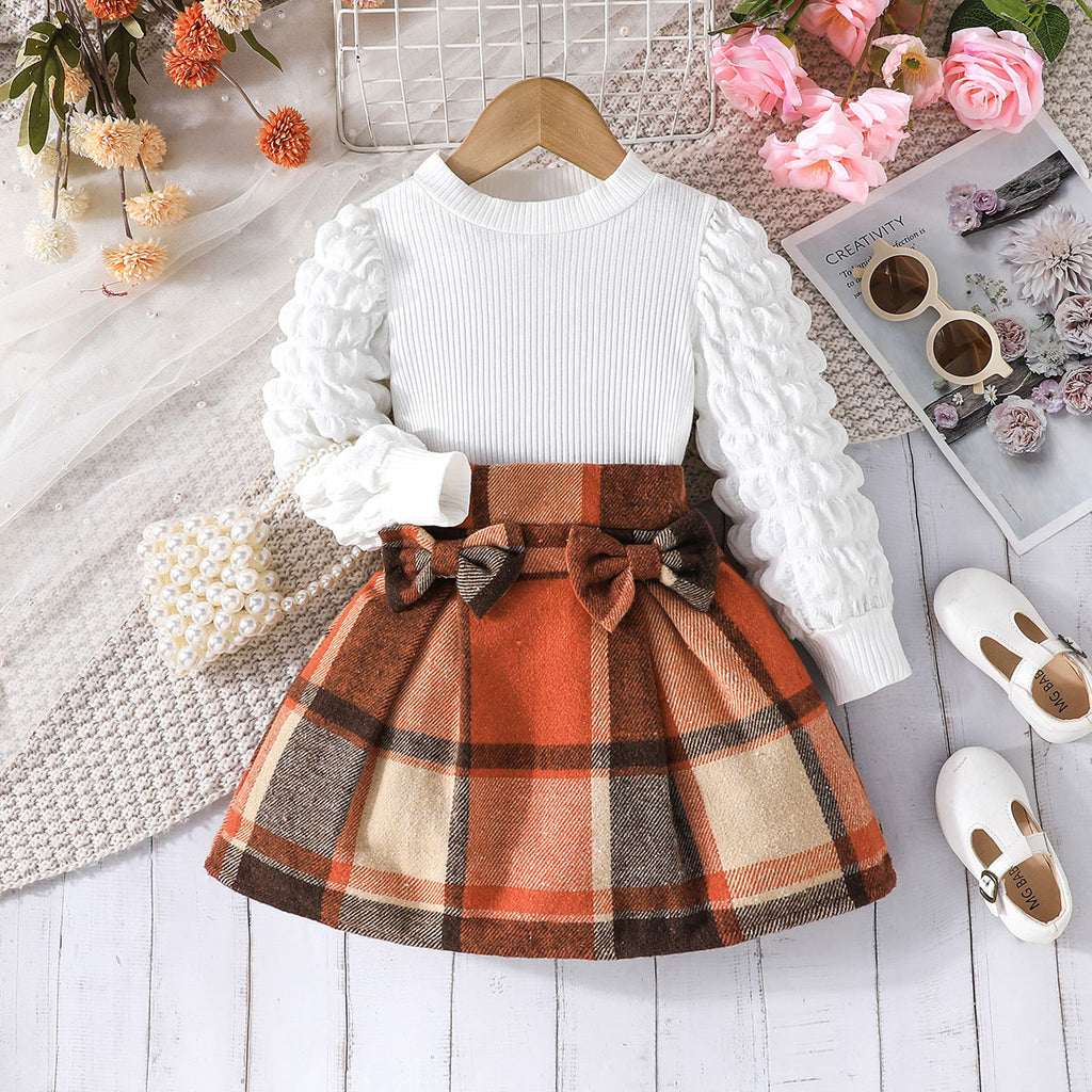 Girls Puff Sleeves Top With Multicolor Checked Skirt Set 2 pc. Sets Multicolor 2-3 Y